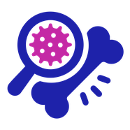 Bone marrow test icon: a bone next to a magnifying glass showing a cell
