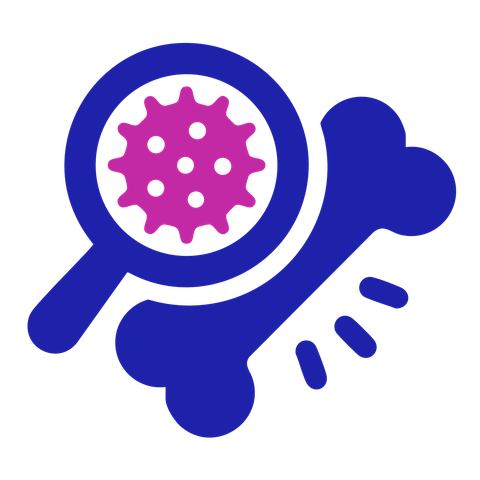 Bone marrow test icon: a bone next to a magnifying glass showing a cell
