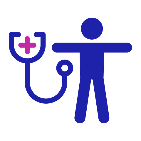 Check-up icon: a stethoscope with a medical cross symbol next to a person with their arms out