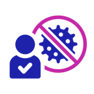 Cure icon: A circle with a cancer cell with a cross through it is next to a person with a tick on their chest, to show their cancer is cured.