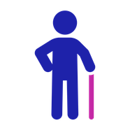 Elderly person icon: a person standing with a walking stick, with their hand on their hip