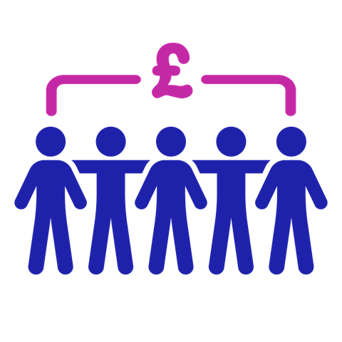 Fundraising icon: a group of people with their arms around each other. There is a pound symbol over their heads.