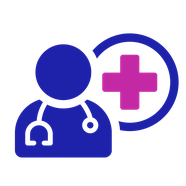 GP or doctor icon: a person wearing a stethoscope. There is a medical cross symbol next to them.