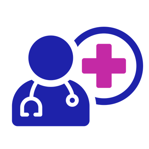 GP or doctor icon: a person wearing a stethoscope. There is a medical cross symbol next to them.