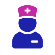 Nurse icon: a person wearing a name badge and a hat with a medical cross on it