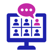 Online support group icon: a computer screen showing six people. One of them is talking.