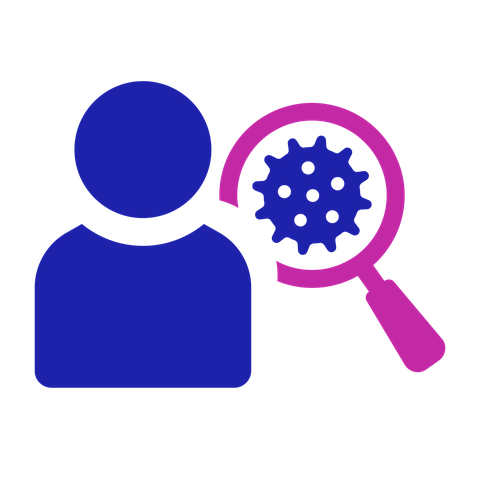 Relapse icon: a person next to a magnifying glass showing a cancer cell